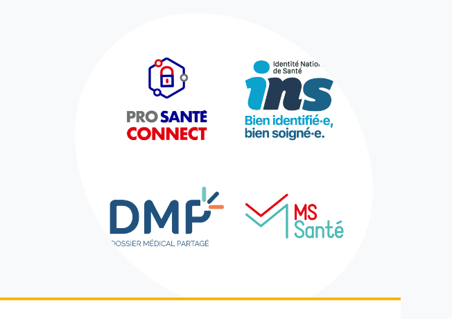Ilustration avec les logos des services socles ProSantéConnect, INS, DMP et MSSanté