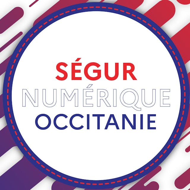 Représentation du logo de l'offre Ségur Numérique en Occitanie. Le logo arbore des couleurs rouge et violet.